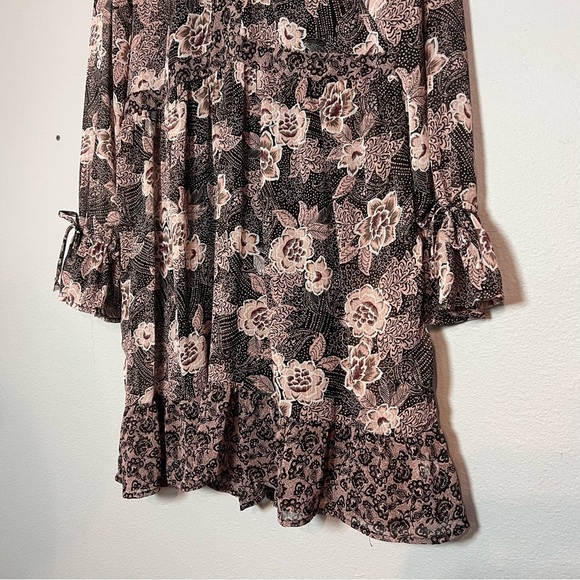 Knox Rose Mini Dress Floral Boho Long Sleeve V-Neck Size Large Brown - Picture 2 of 14